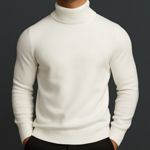 Men's Classic Knit Turtleneck Sweater with Ribbed Neck and Hem