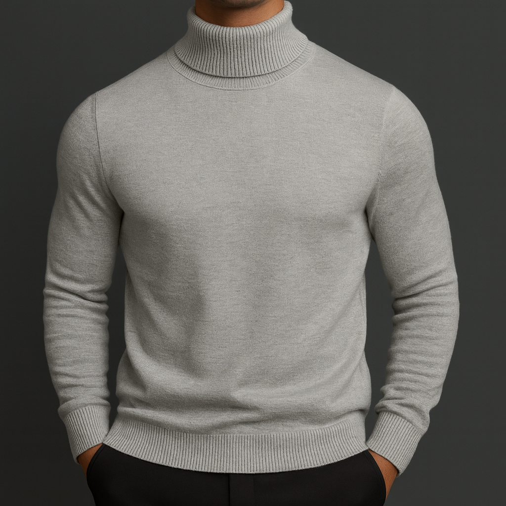 Men's Classic Knit Turtleneck Sweater with Ribbed Neck and Hem