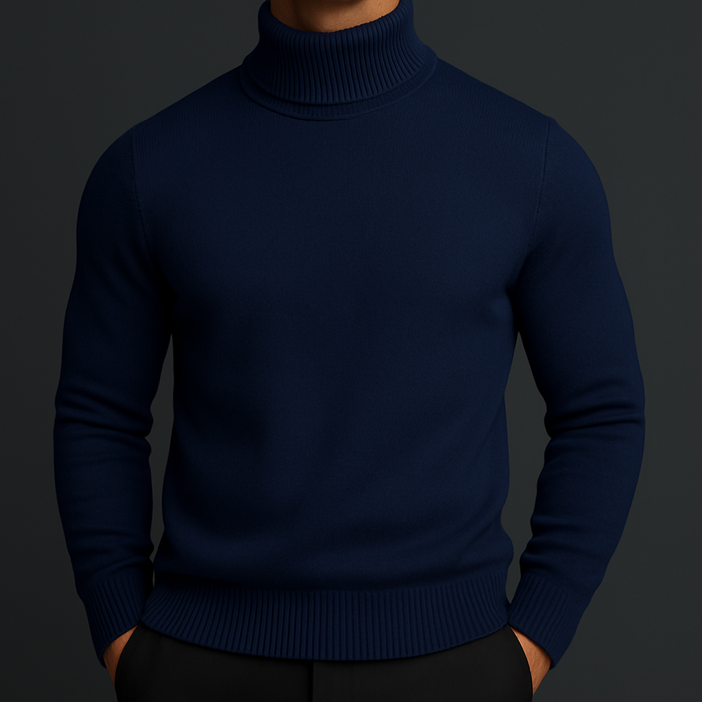 Men's Classic Knit Turtleneck Sweater with Ribbed Neck and Hem
