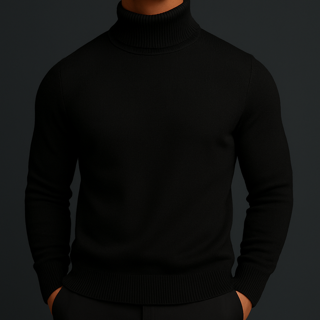 Men's Classic Knit Turtleneck Sweater with Ribbed Neck and Hem