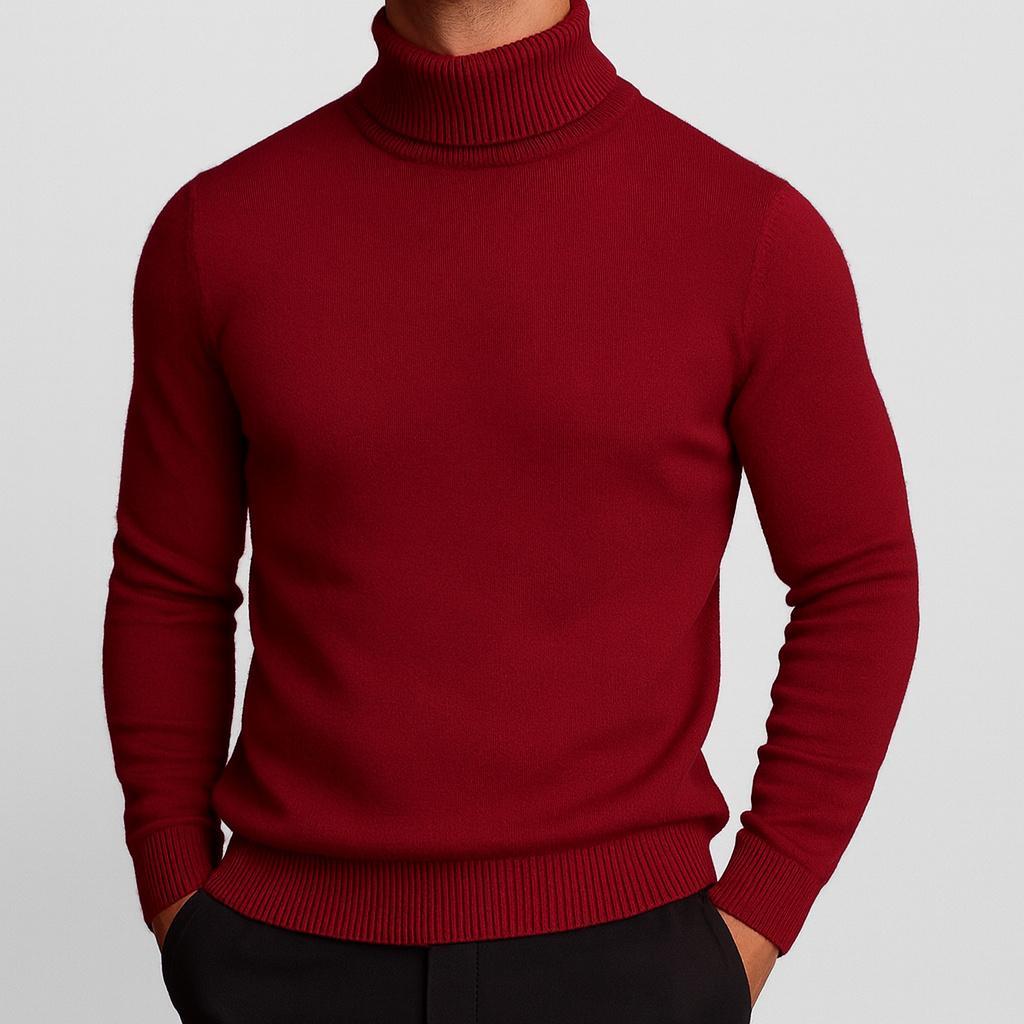 Men's Classic Knit Turtleneck Sweater with Ribbed Neck and Hem