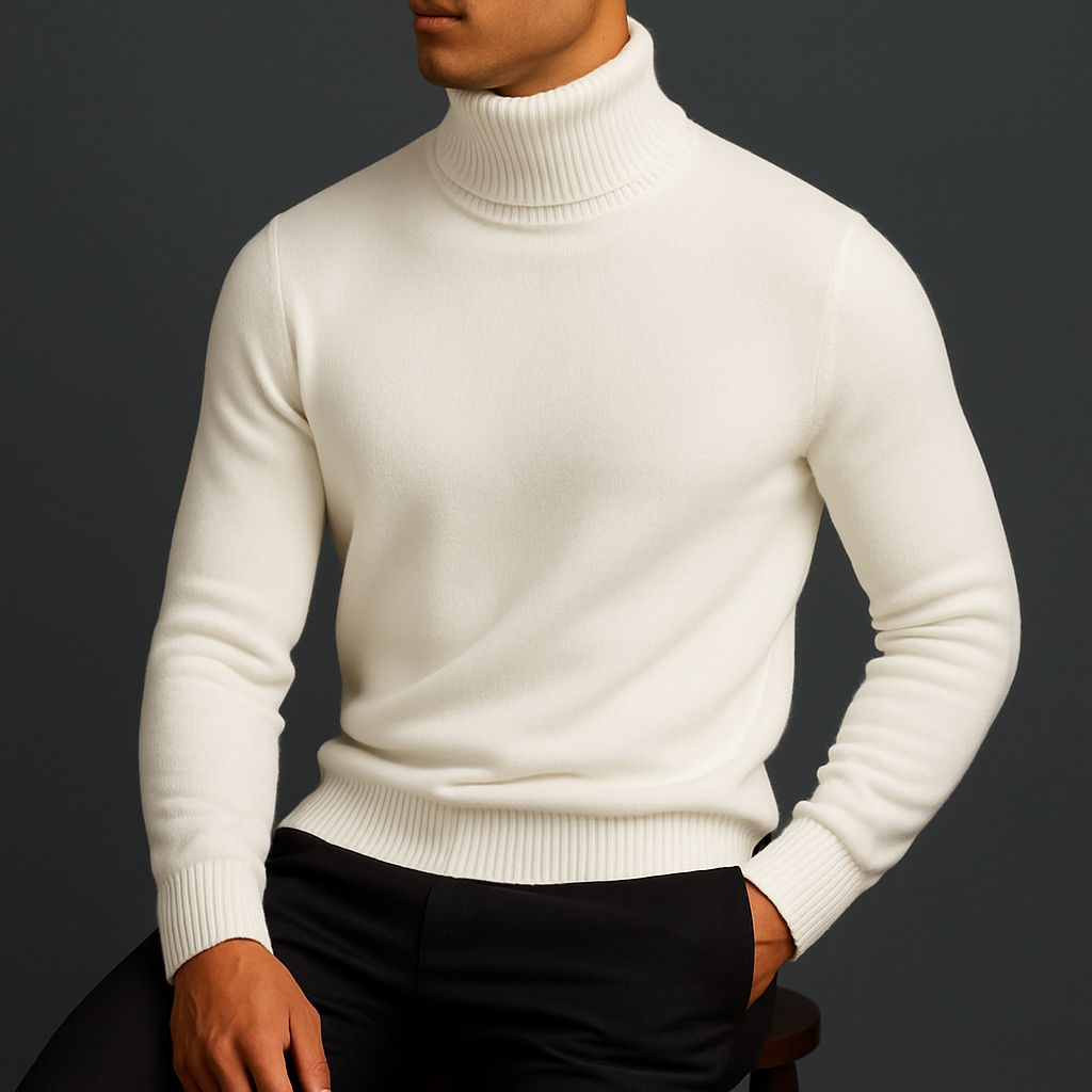 Men's Classic Knit Turtleneck Sweater with Ribbed Neck and Hem