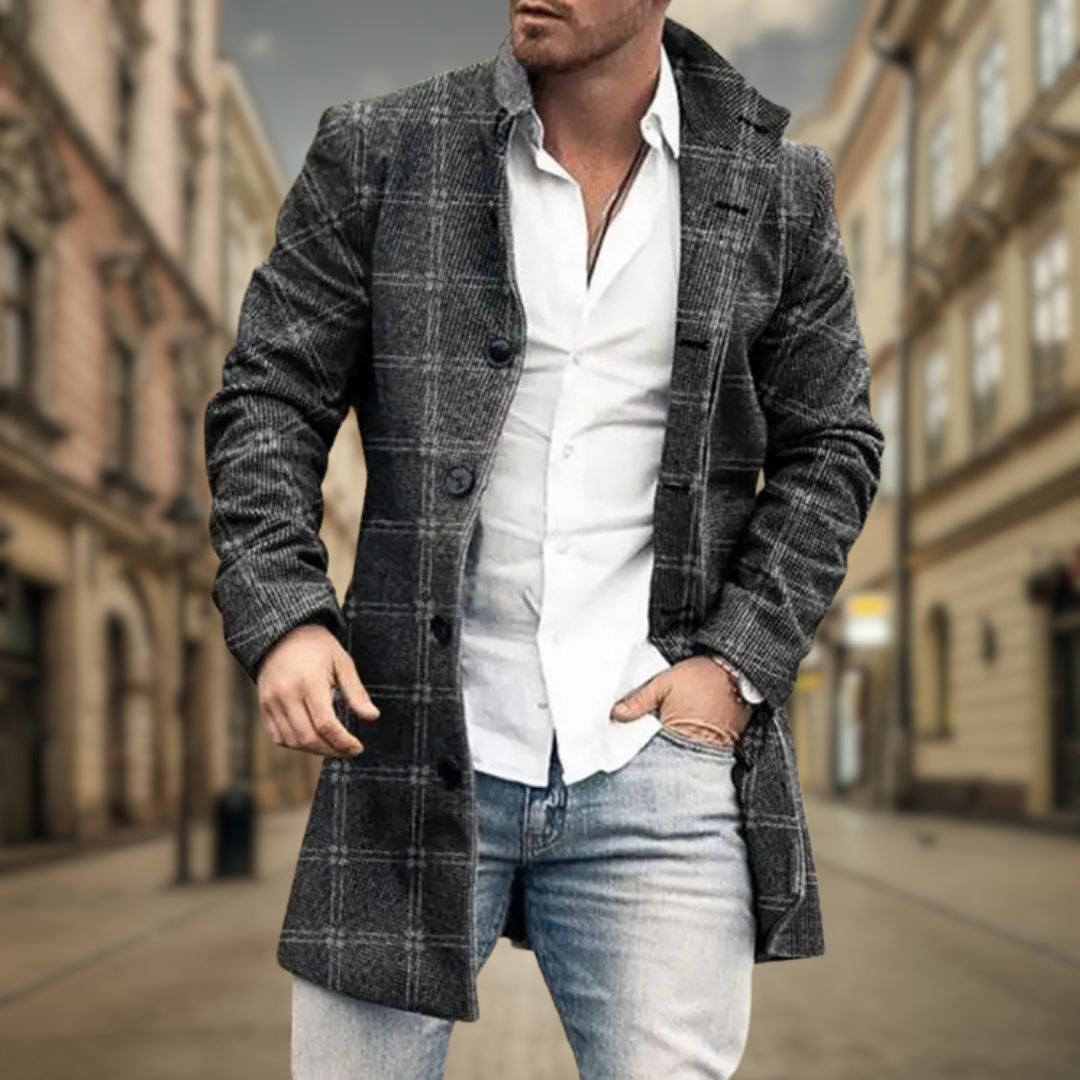 Men's Classic Twill Overcoat with Notch Lapels and Button Closure