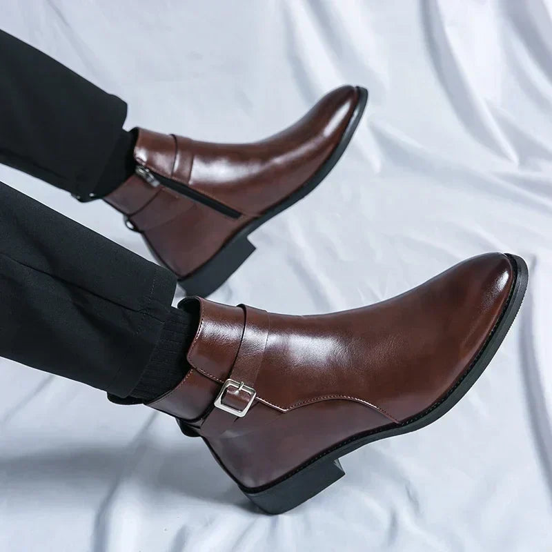 Men's Dress Synthetic Ankle Boots with Side Zipper and Buckle Strap