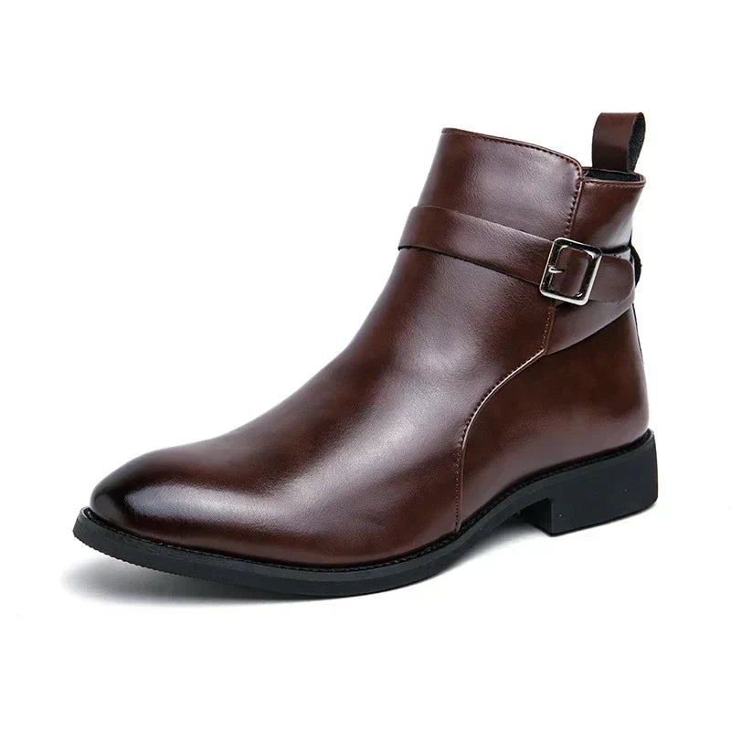 Men's Dress Synthetic Ankle Boots with Side Zipper and Buckle Strap
