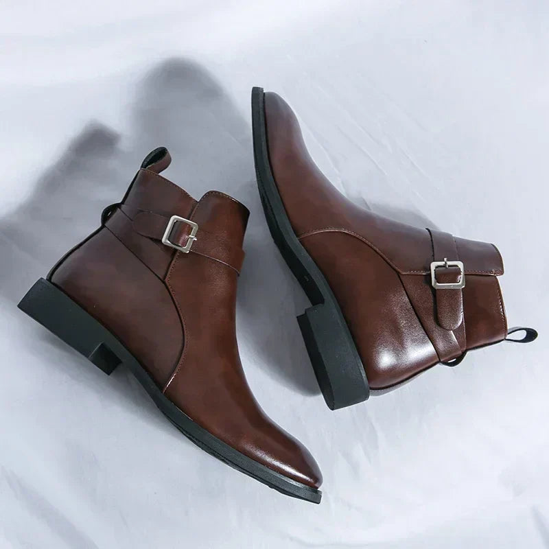 Men's Dress Synthetic Ankle Boots with Side Zipper and Buckle Strap