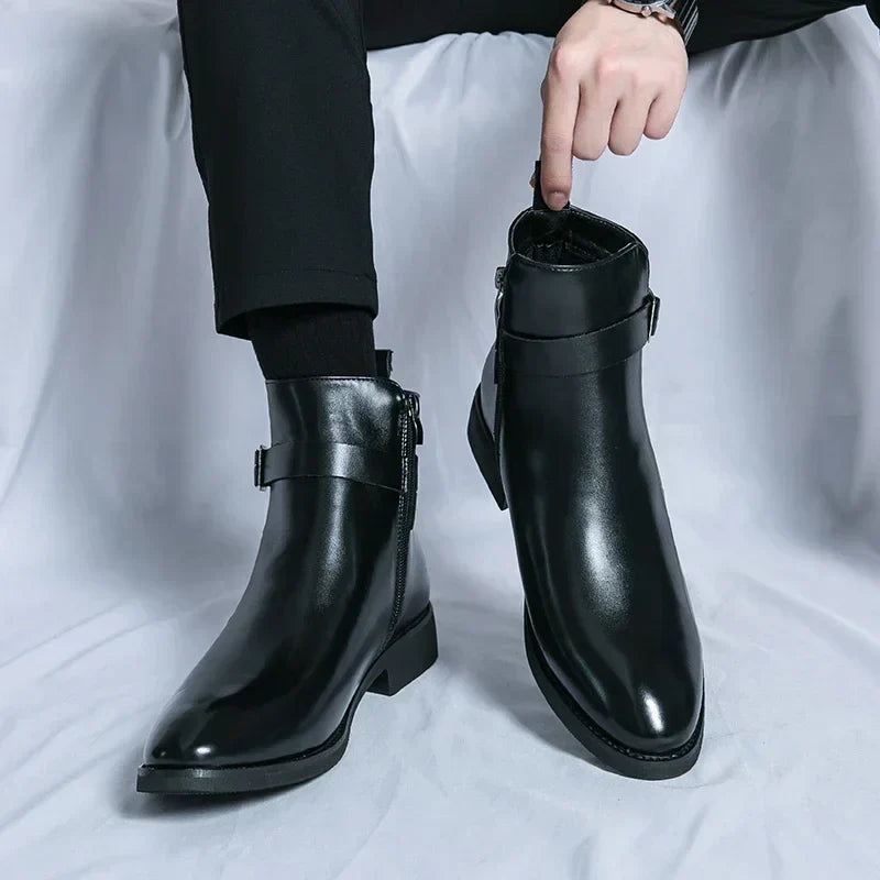Men's Dress Synthetic Ankle Boots with Side Zipper and Buckle Strap