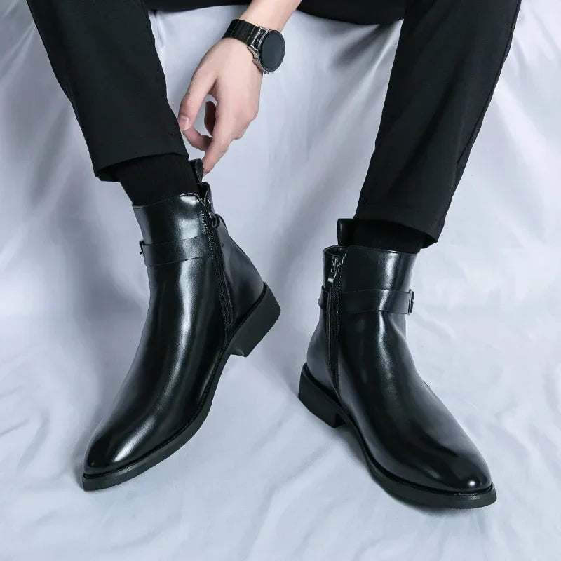 Men's Dress Synthetic Ankle Boots with Side Zipper and Buckle Strap