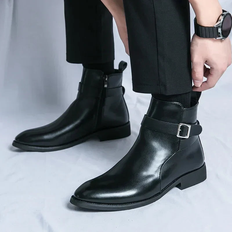 Men's Dress Synthetic Ankle Boots with Side Zipper and Buckle Strap