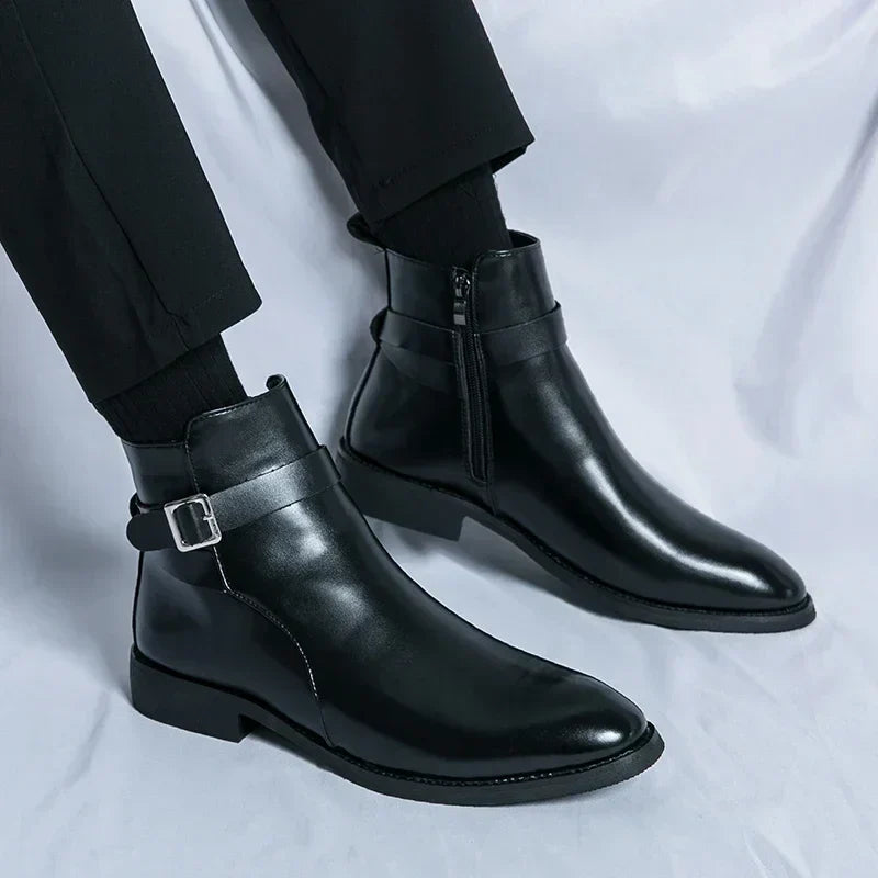 Men's Dress Synthetic Ankle Boots with Side Zipper and Buckle Strap
