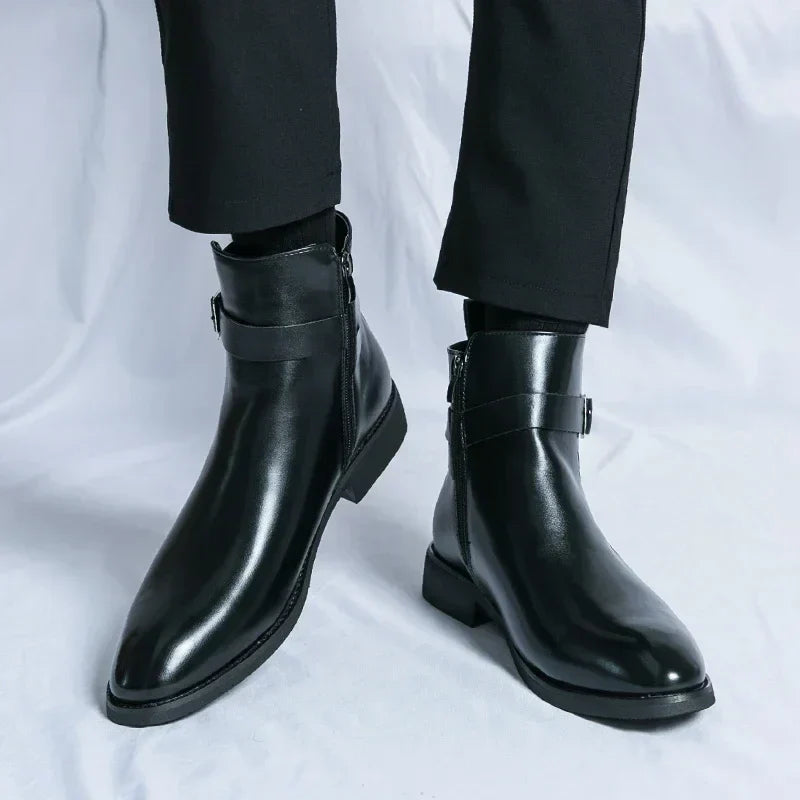 Men's Dress Synthetic Ankle Boots with Side Zipper and Buckle Strap