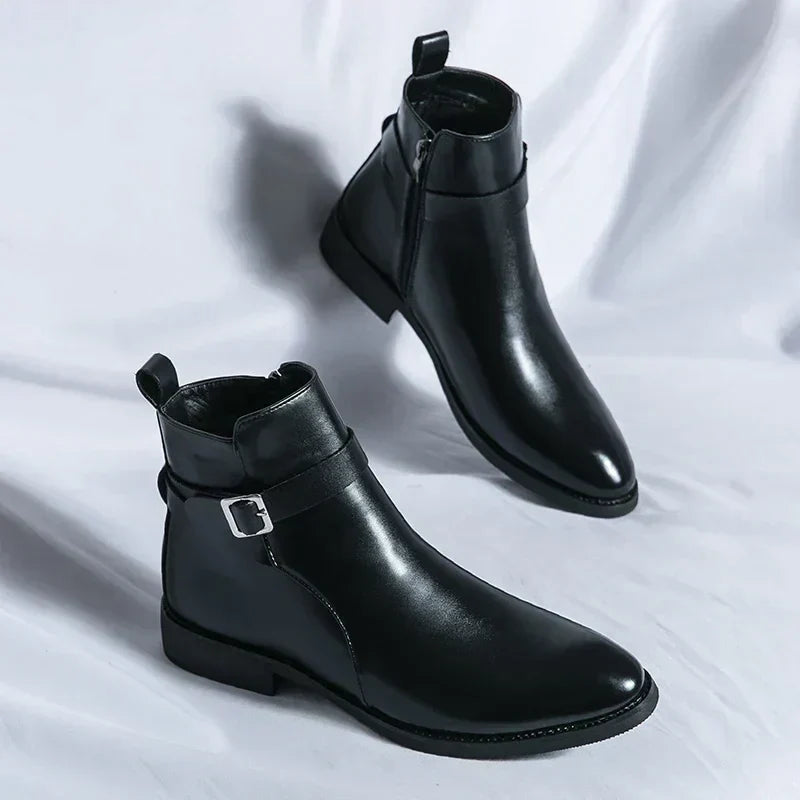 Men's Dress Synthetic Ankle Boots with Side Zipper and Buckle Strap