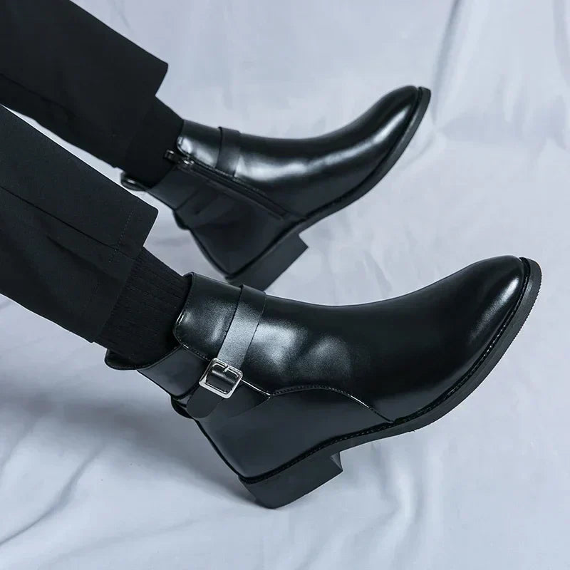 Men's Dress Synthetic Ankle Boots with Side Zipper and Buckle Strap