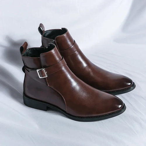 Men's Dress Synthetic Ankle Boots with Side Zipper and Buckle Strap