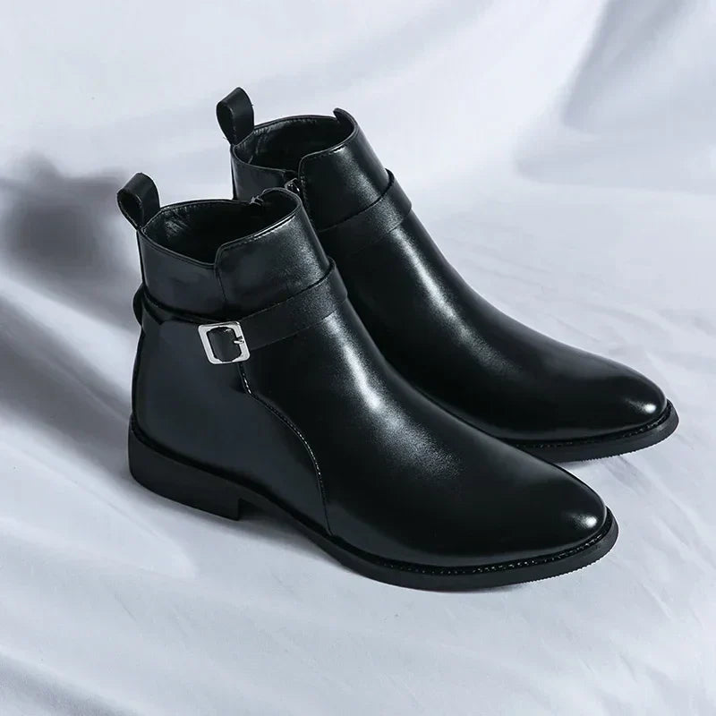 Men's Dress Synthetic Ankle Boots with Side Zipper and Buckle Strap