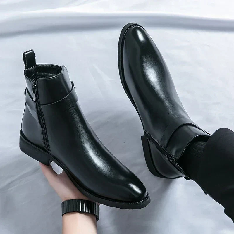 Men's Dress Synthetic Ankle Boots with Side Zipper and Buckle Strap