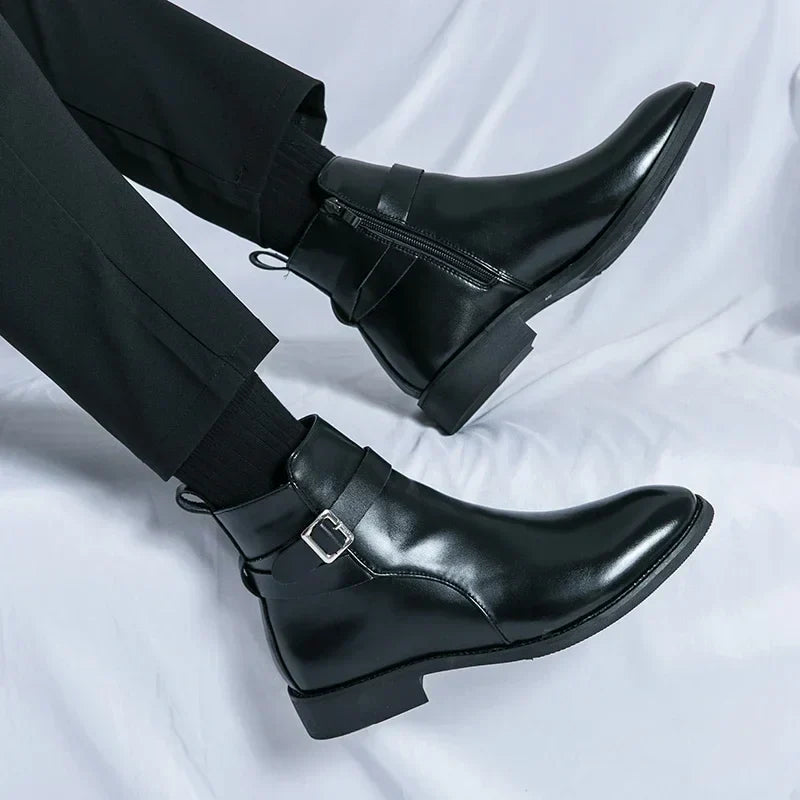Men's Dress Synthetic Ankle Boots with Side Zipper and Buckle Strap