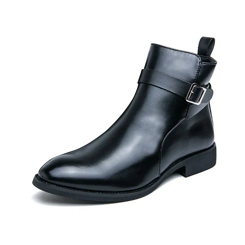 Men's Dress Synthetic Ankle Boots with Side Zipper and Buckle Strap