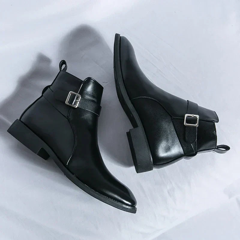 Men's Dress Synthetic Ankle Boots with Side Zipper and Buckle Strap