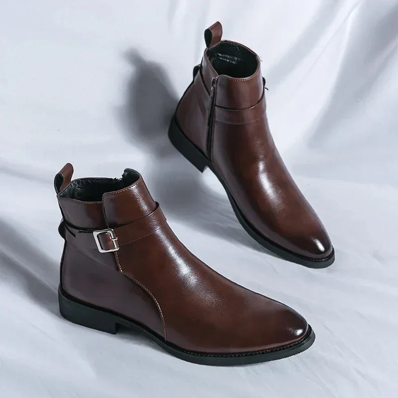 Men's Dress Synthetic Ankle Boots with Side Zipper and Buckle Strap