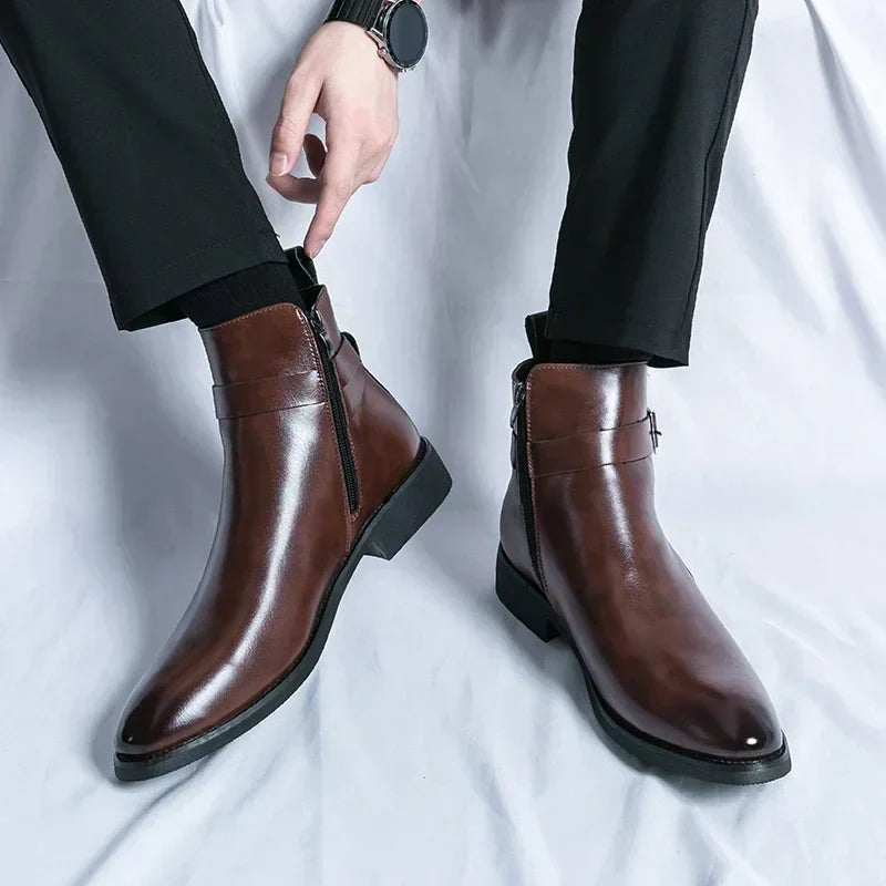 Men's Dress Synthetic Ankle Boots with Side Zipper and Buckle Strap
