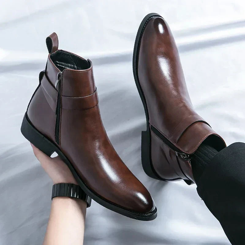 Men's Dress Synthetic Ankle Boots with Side Zipper and Buckle Strap