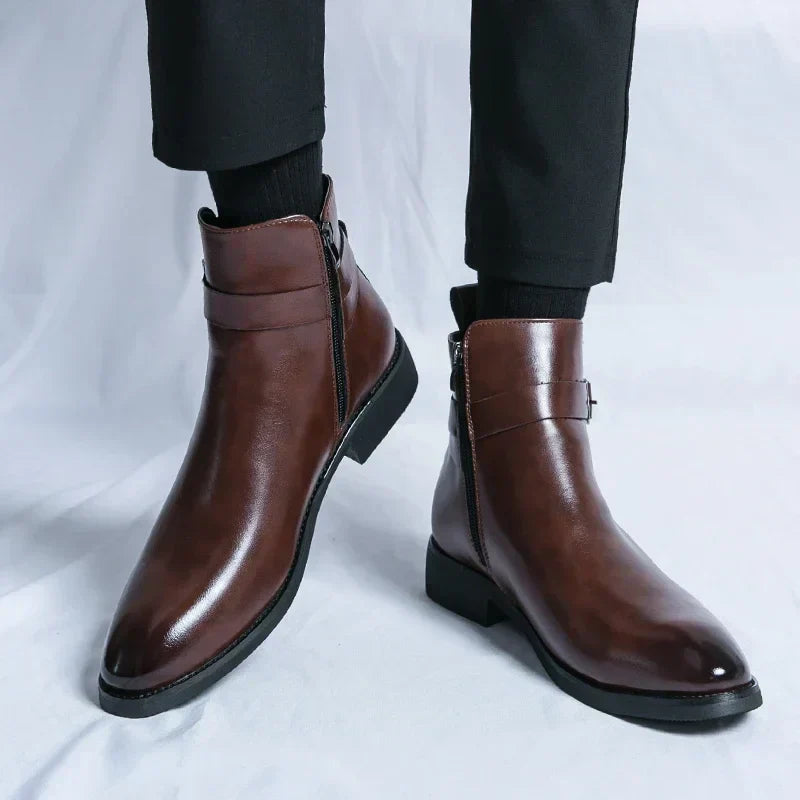 Men's Dress Synthetic Ankle Boots with Side Zipper and Buckle Strap