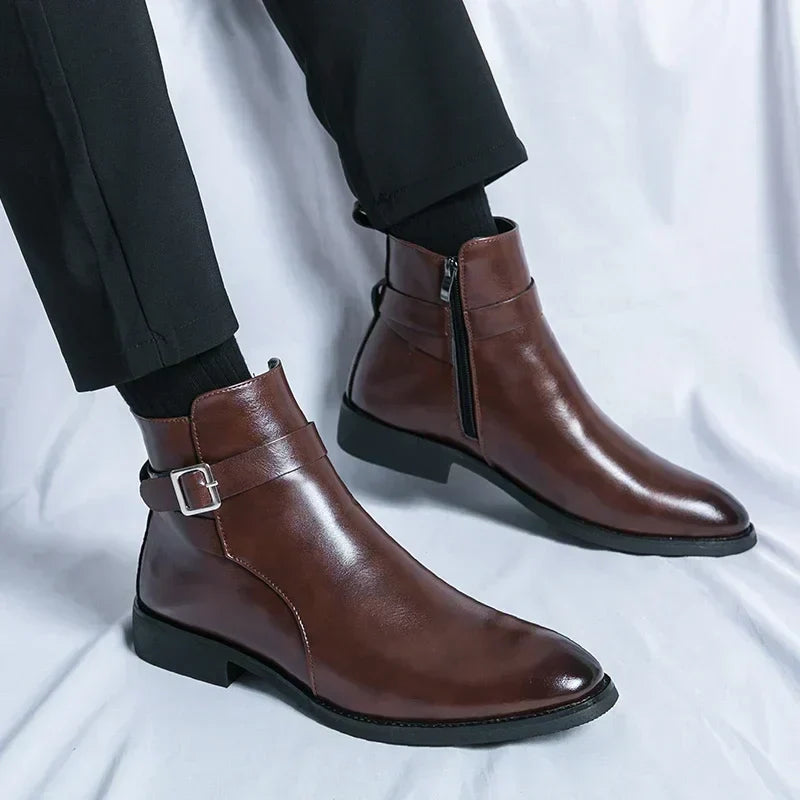 Men's Dress Synthetic Ankle Boots with Side Zipper and Buckle Strap