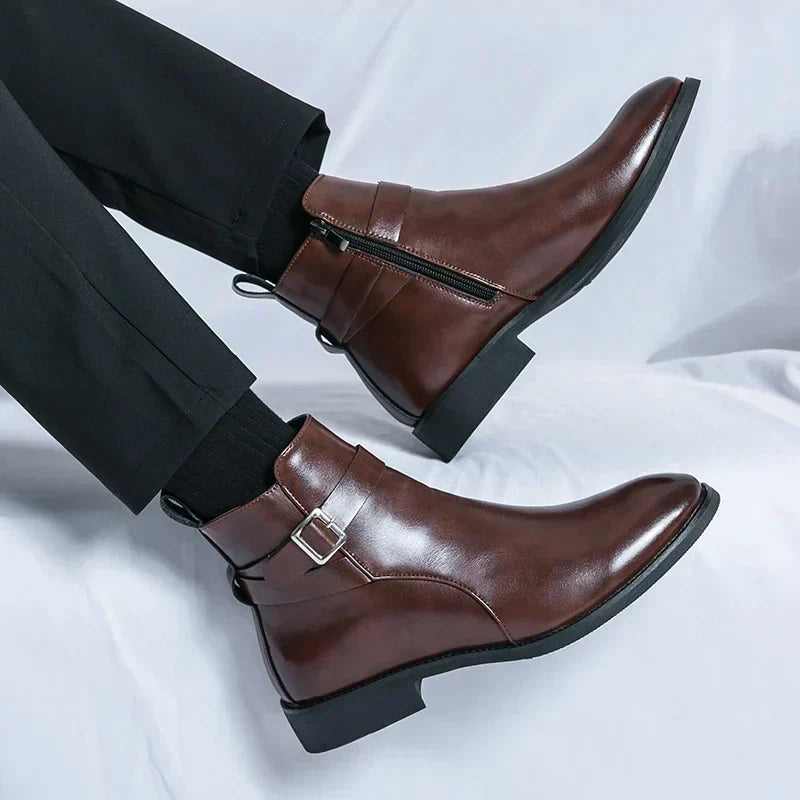 Men's Dress Synthetic Ankle Boots with Side Zipper and Buckle Strap
