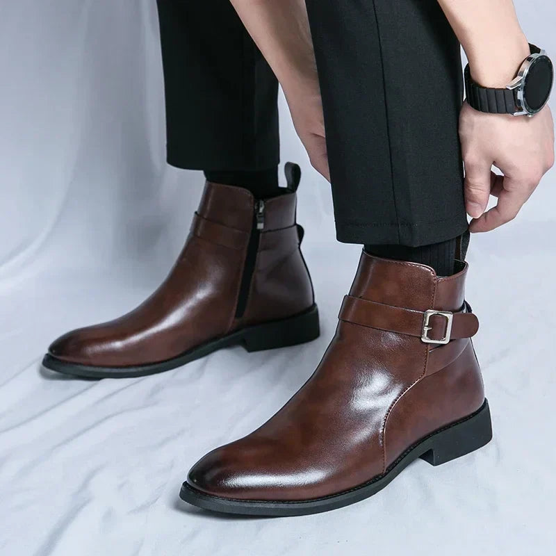 Men's Dress Synthetic Ankle Boots with Side Zipper and Buckle Strap