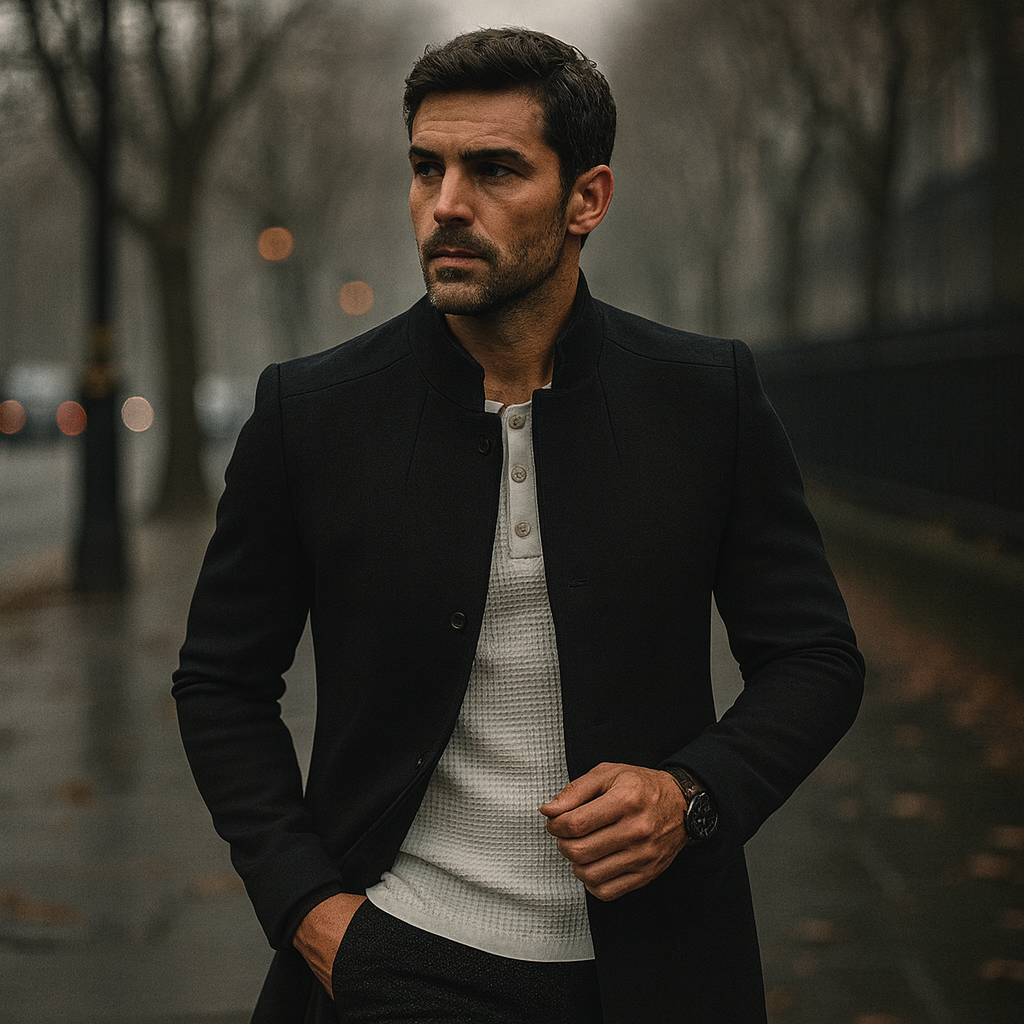 Men's Felted Blazer with Stand Collar and Button Front
