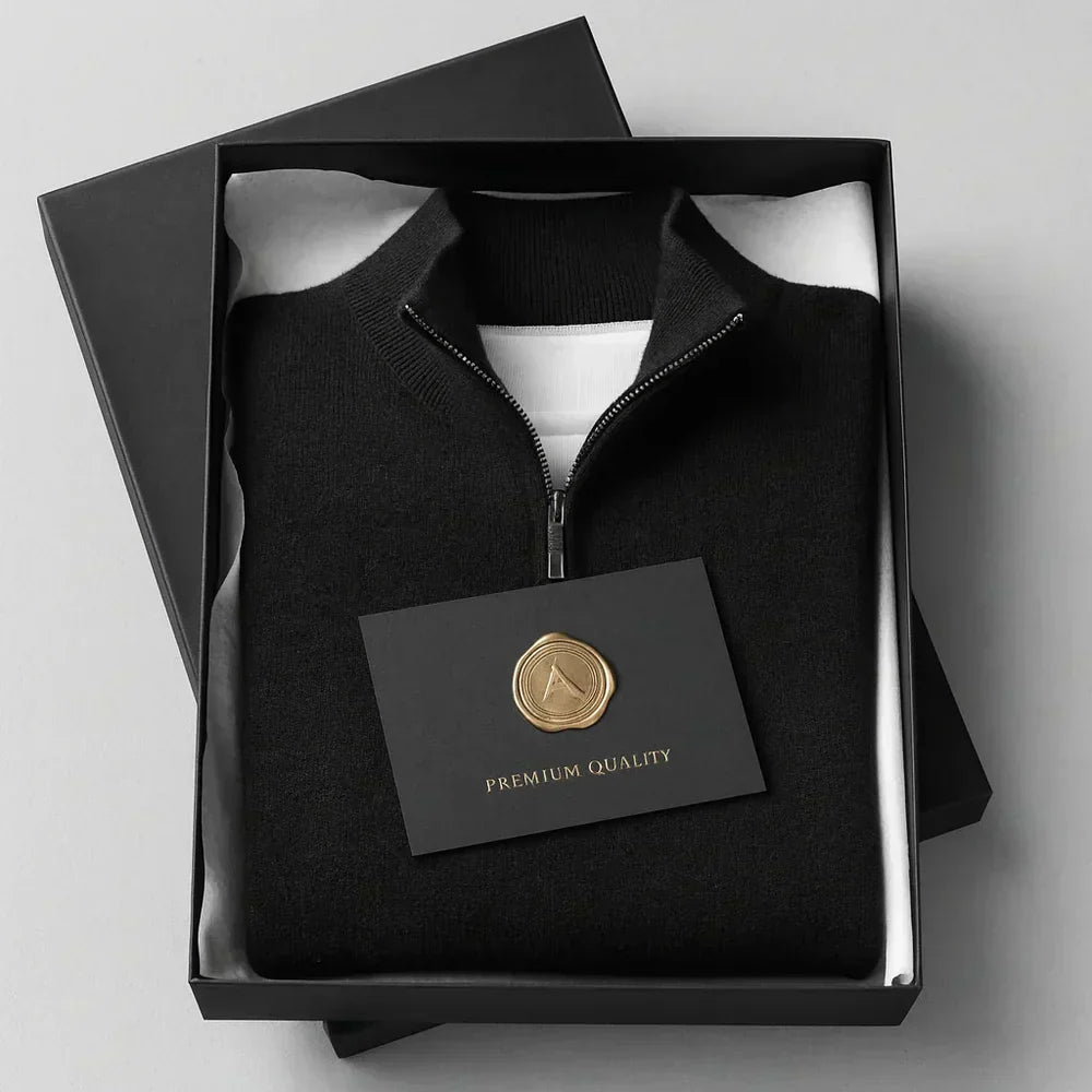 Men's Fine Knit Sweater with Quarter Zip and Stand Collar