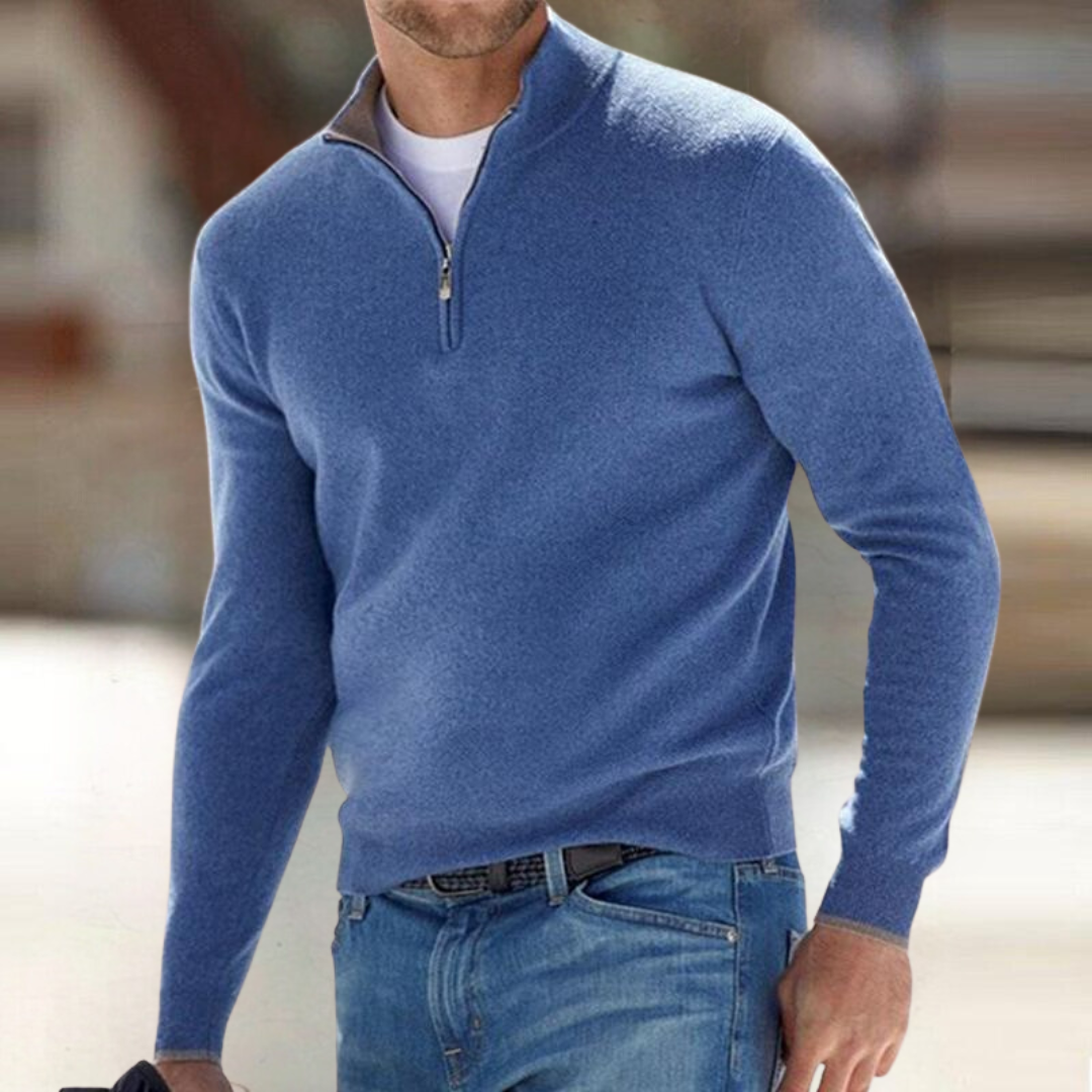 Men's Fine Knit Sweater with Quarter Zip and Stand Collar