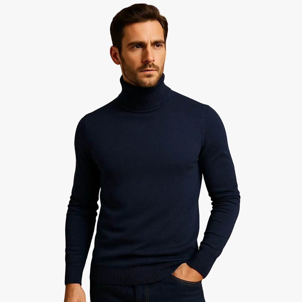 Men's Fine-Knit Turtleneck Sweater with Ribbed Collar and Hem