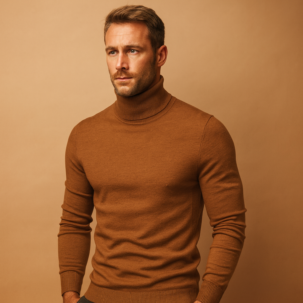 Men's Fine-Knit Turtleneck Sweater with Ribbed Collar and Hem