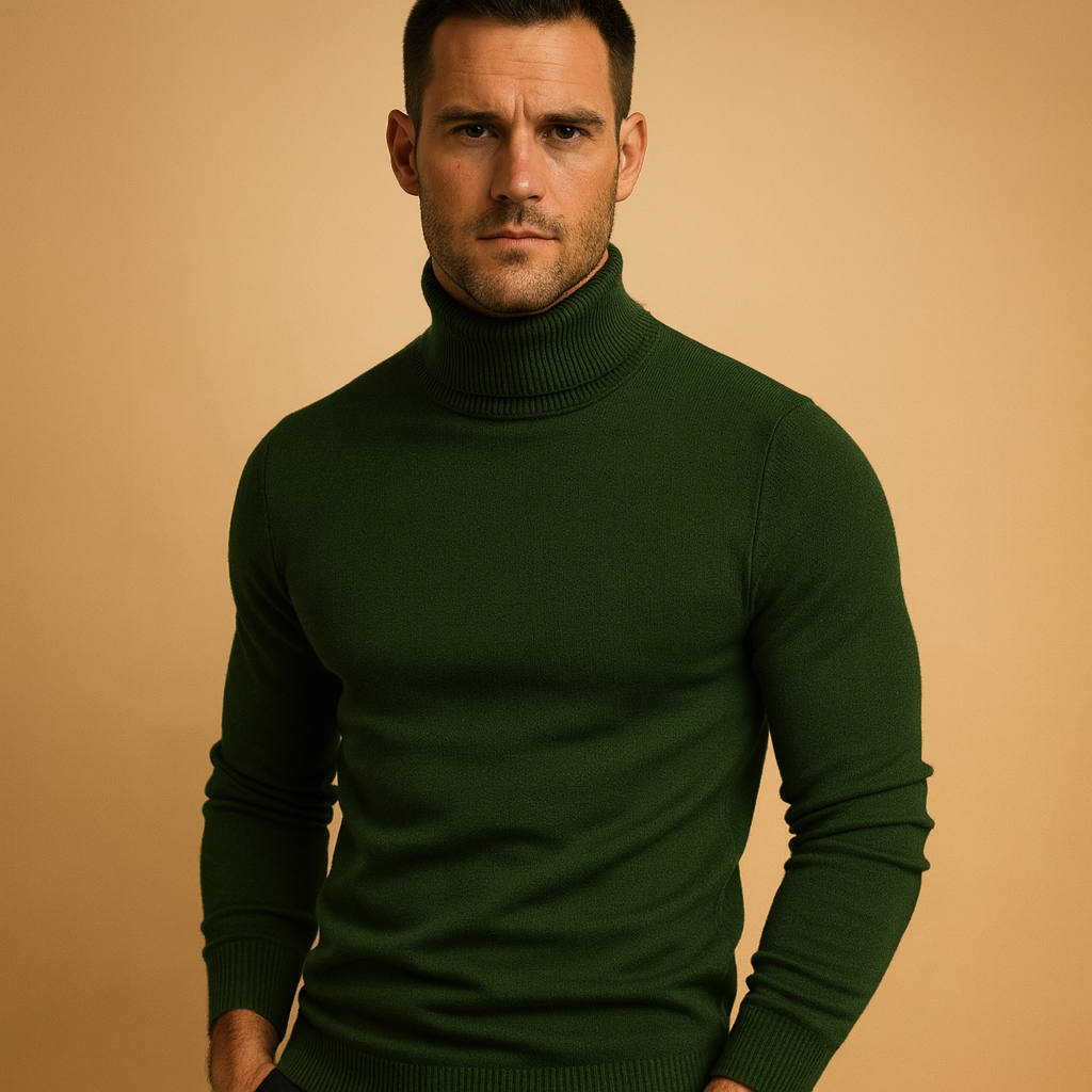Men's Fine-Knit Turtleneck Sweater with Ribbed Collar and Hem