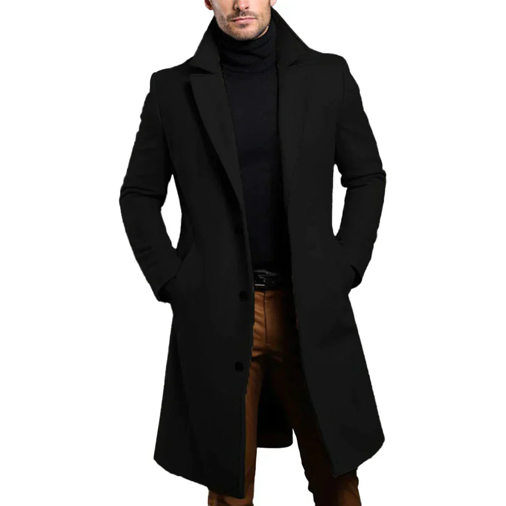 Men's Formal Woven Long Coat with Notched Lapel and Pockets
