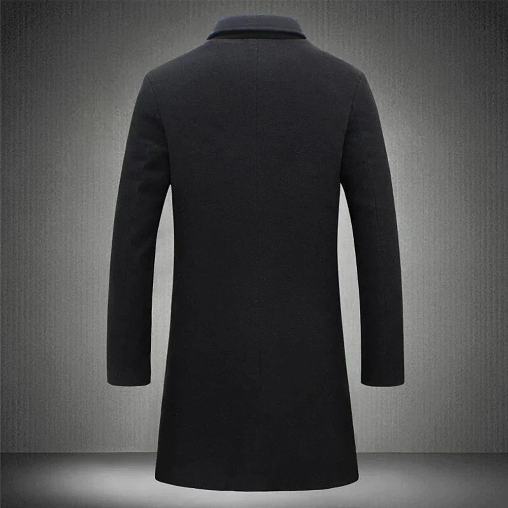 Men's Formal Woven Long Coat with Notched Lapel and Pockets