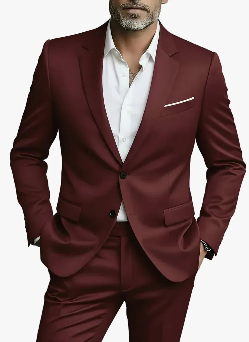 Men's Formal Woven Suit Set with Notched Lapels and One-Button Blazer