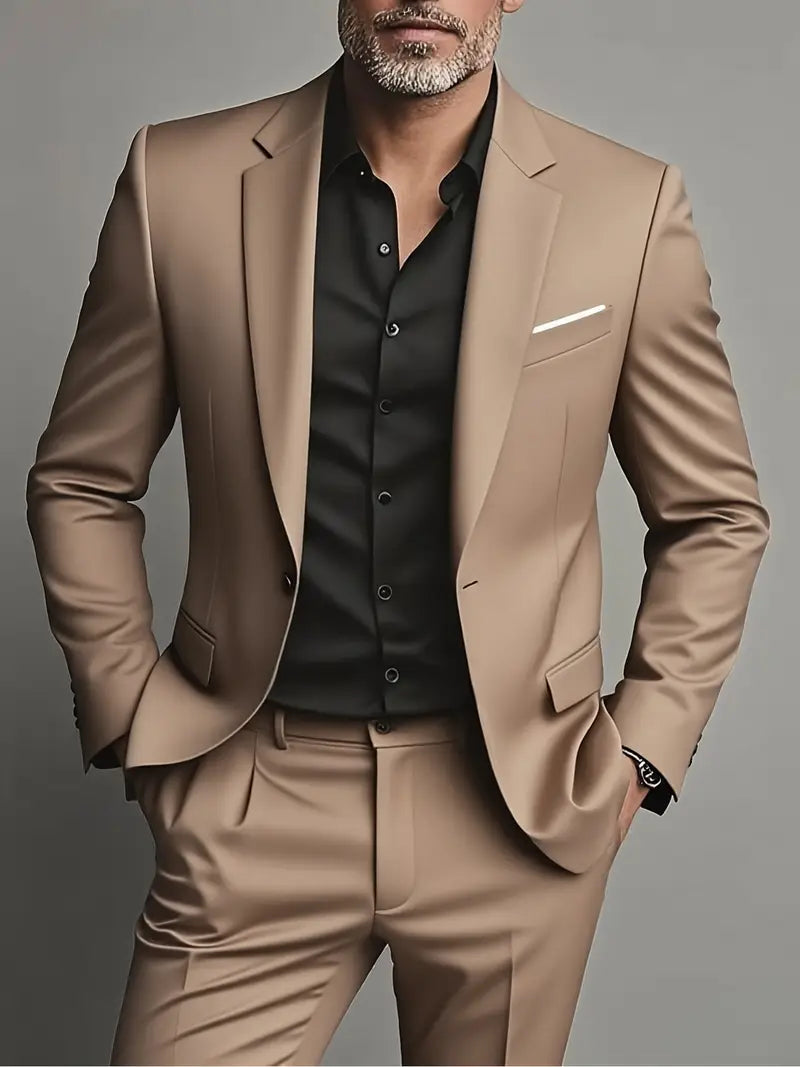 Men's Formal Woven Suit Set with Notched Lapels and One-Button Blazer
