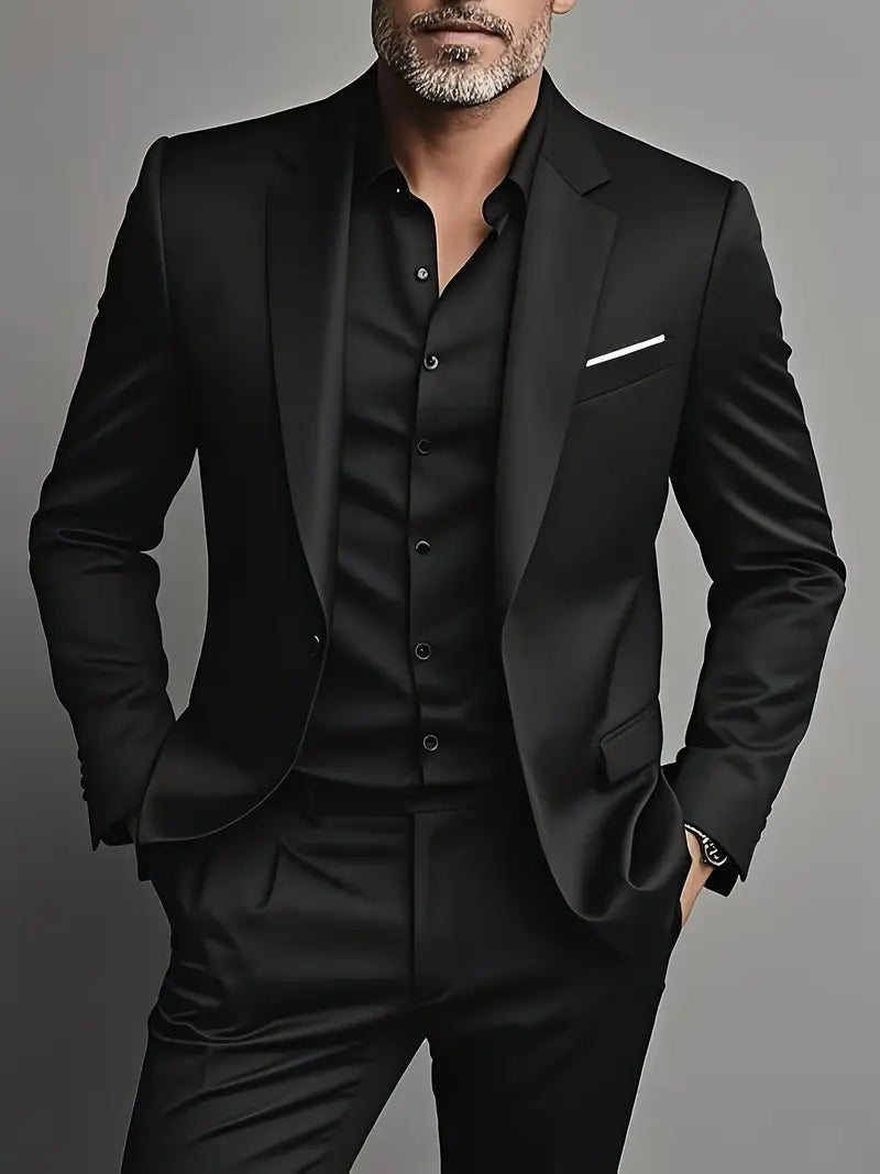 Men's Formal Woven Suit Set with Notched Lapels and One-Button Blazer