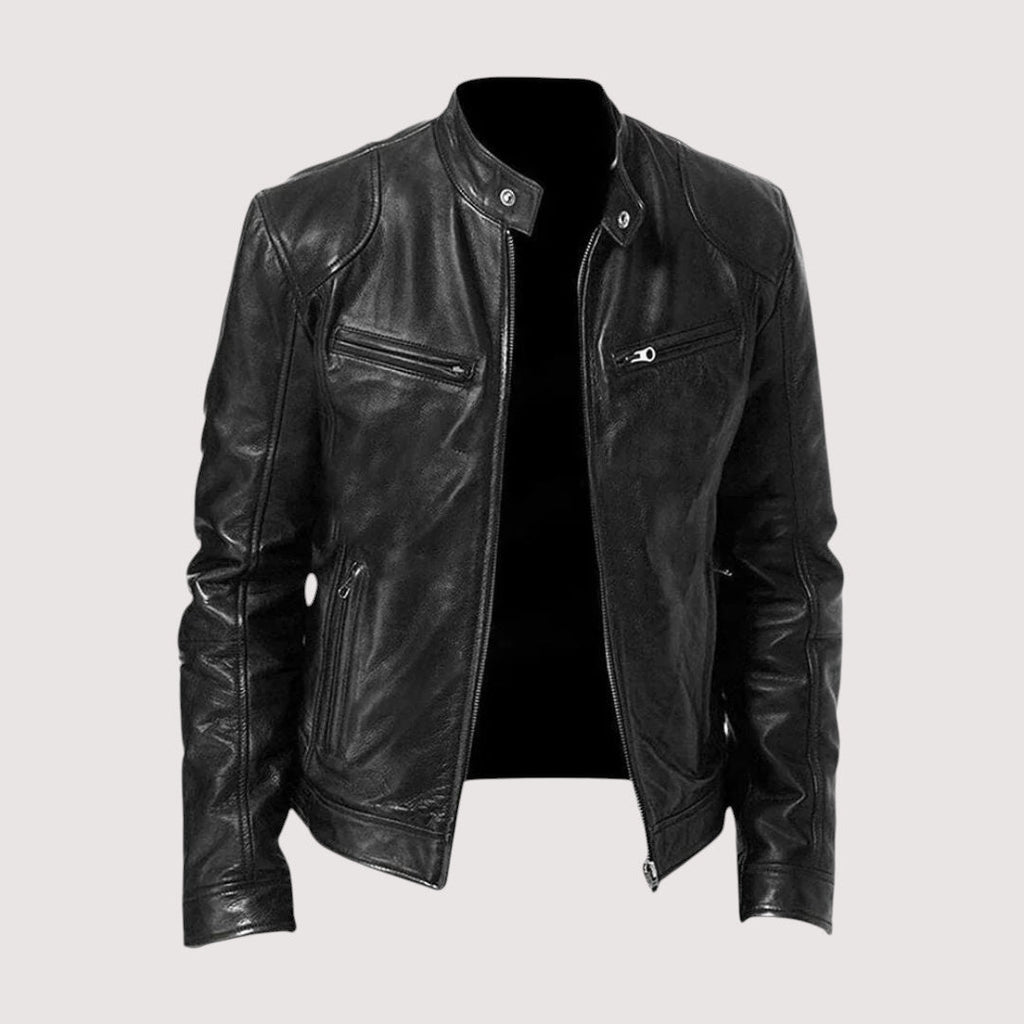 Men's Genuine Jacket with Stand Collar and Zip Pockets