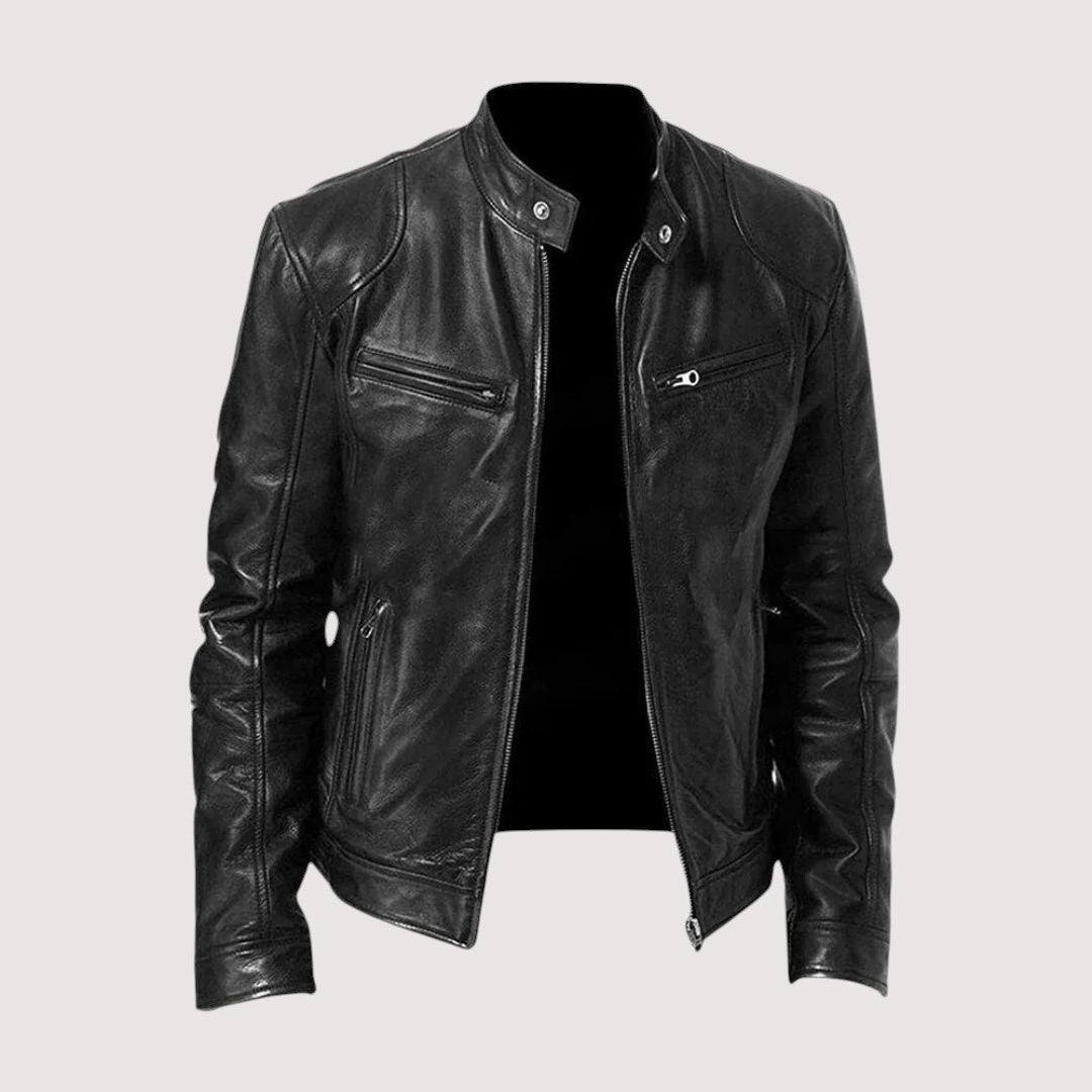 Men's Genuine Jacket with Stand Collar and Zip Pockets