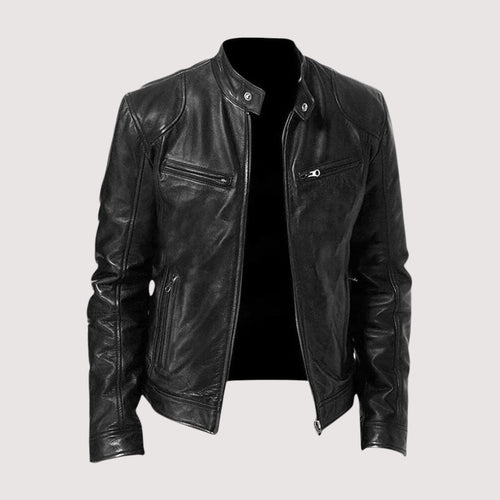 Men's Genuine Jacket with Stand Collar and Zip Pockets