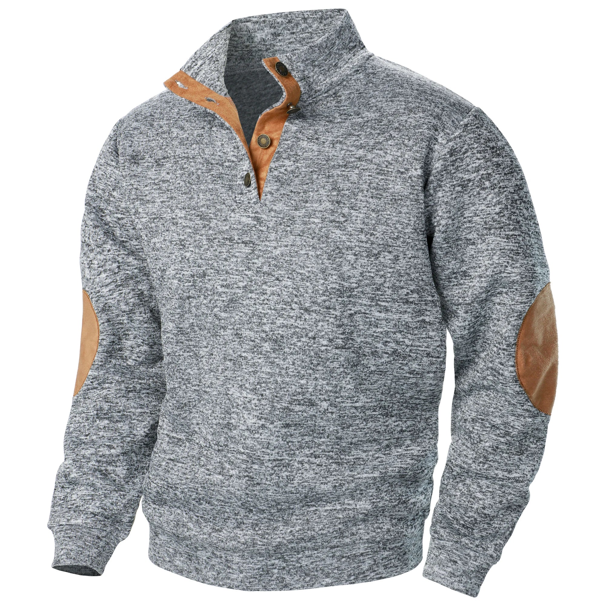 Men's Heathered Knit Sweater with Snap Placket and Elbow Patches
