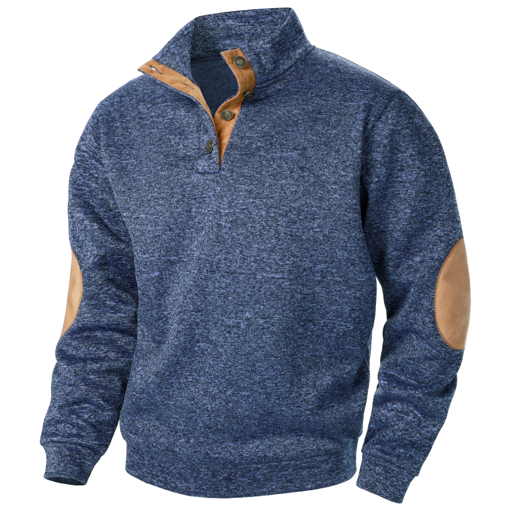 Men's Heathered Knit Sweater with Snap Placket and Elbow Patches