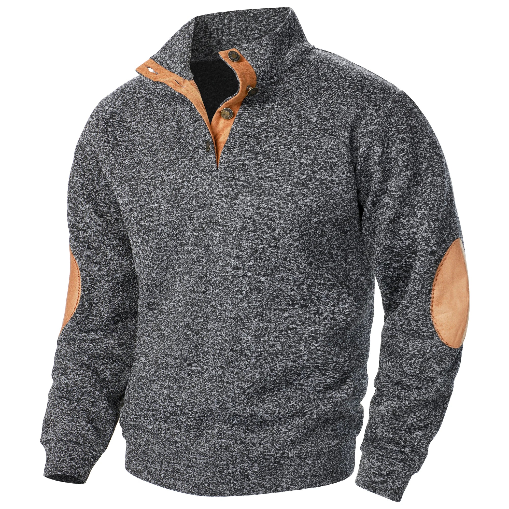 Men's Heathered Knit Sweater with Snap Placket and Elbow Patches