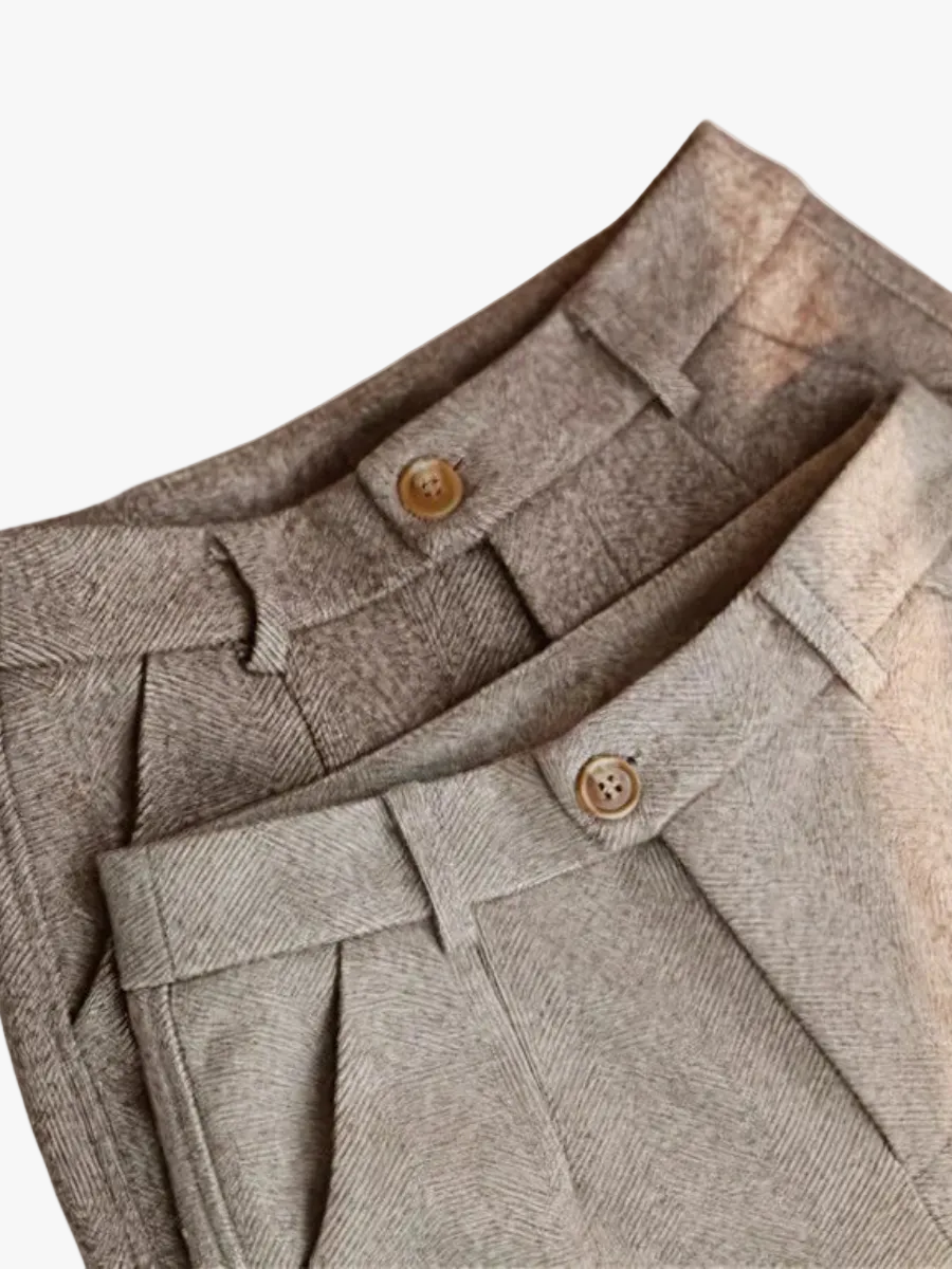 Men’s Herringbone Dress Pants with Front Pleats and Button-Tab Cuffs