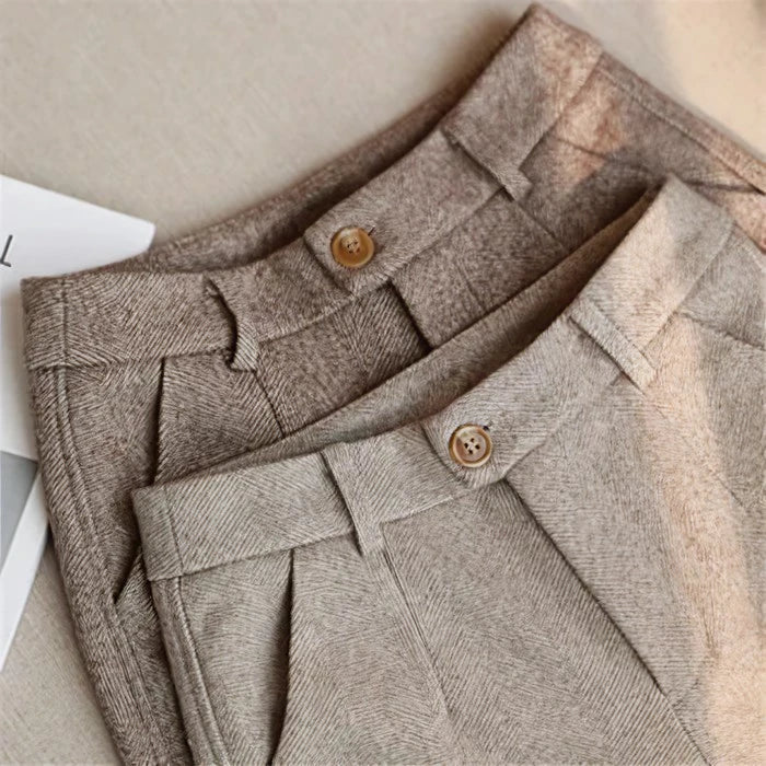 Men’s Herringbone Dress Pants with Front Pleats and Button-Tab Cuffs