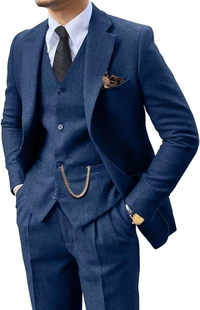Men's Herringbone Woven Suit Set with Notched Lapel and Vest